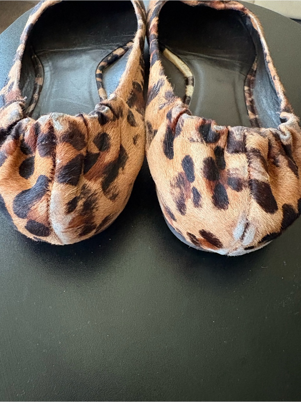 Tory Burch Tan and Black Leopard Ponyhair Ballet Flats with Gold Logo - Picture 6 of 7